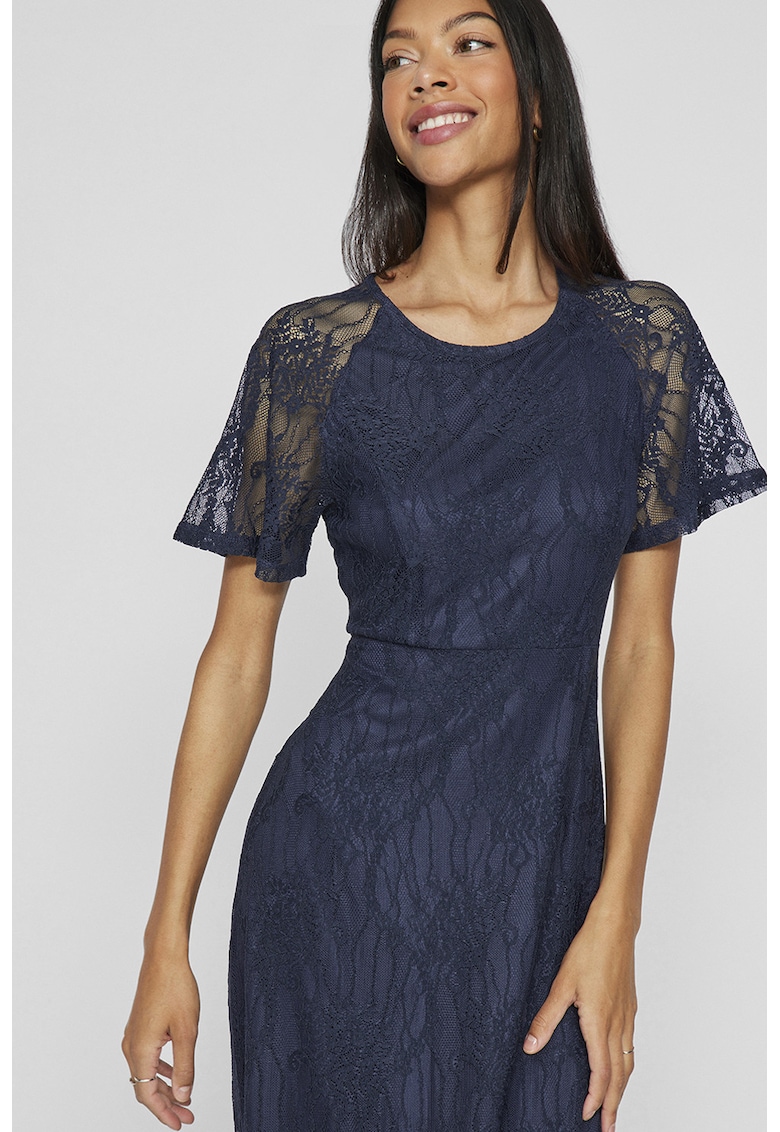 Rochie lunga de dantela cu maneci semi-transparenre - Bleumarin -