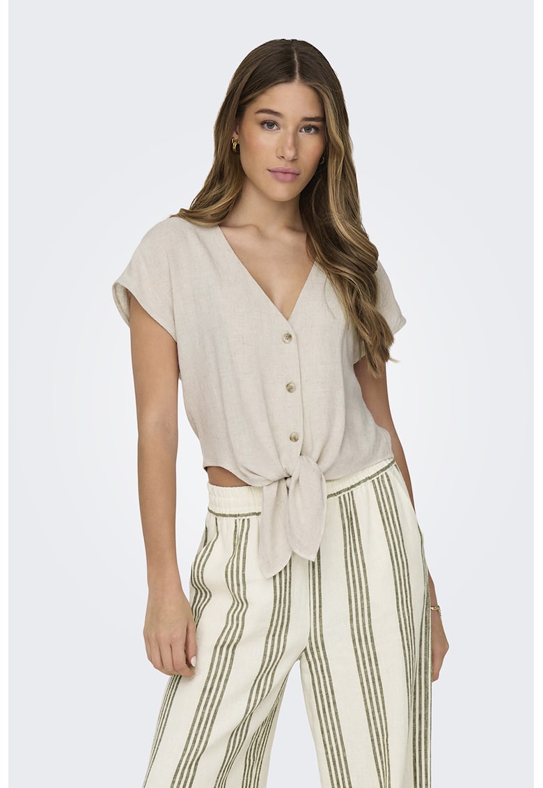 Camasa crop din amestec de in cu nod - Maro nisip
