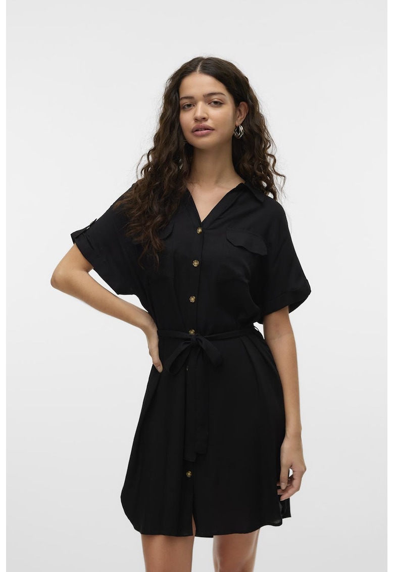 Rochie cu nasturi si maneci scurte - Negru
