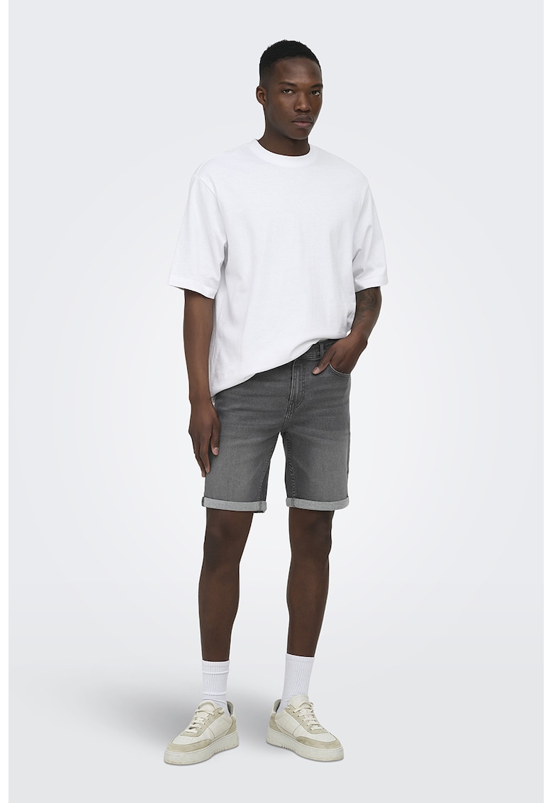 Bermude din denim cu aspect decolorat - Gri -