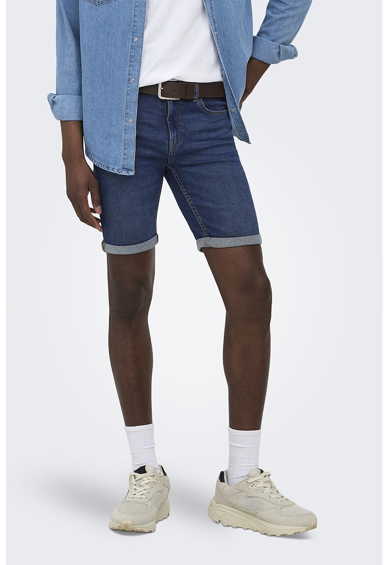 Bermude de denim cu tal;ie medie - Albastru inchis -
