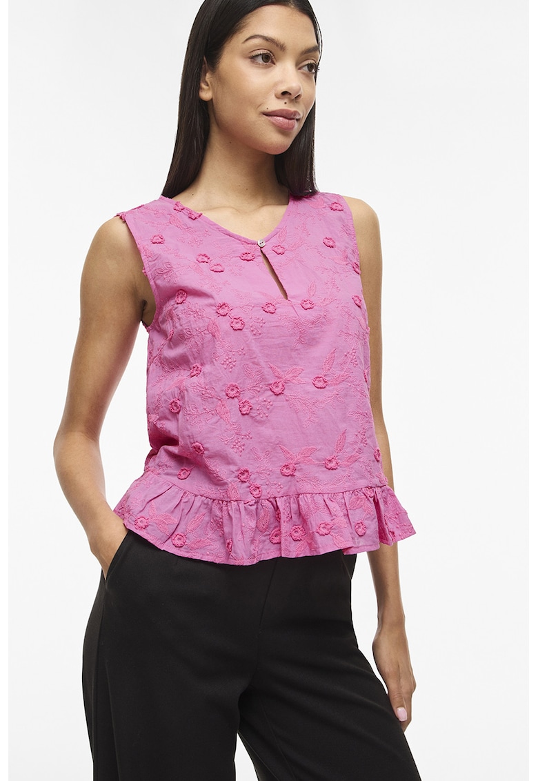 Bluza fara maneci din bumbac organic cu terminatie cu volane - Roz -