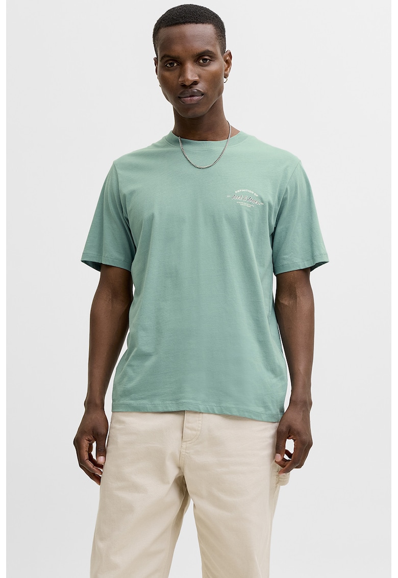 Tricou de bumbac cu decolteu la baza gatului si imprimeu logo discret - Verde deschis