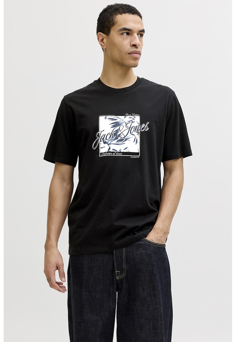 Tricou de bumbac cu imprimeu grafic si logo - Negru