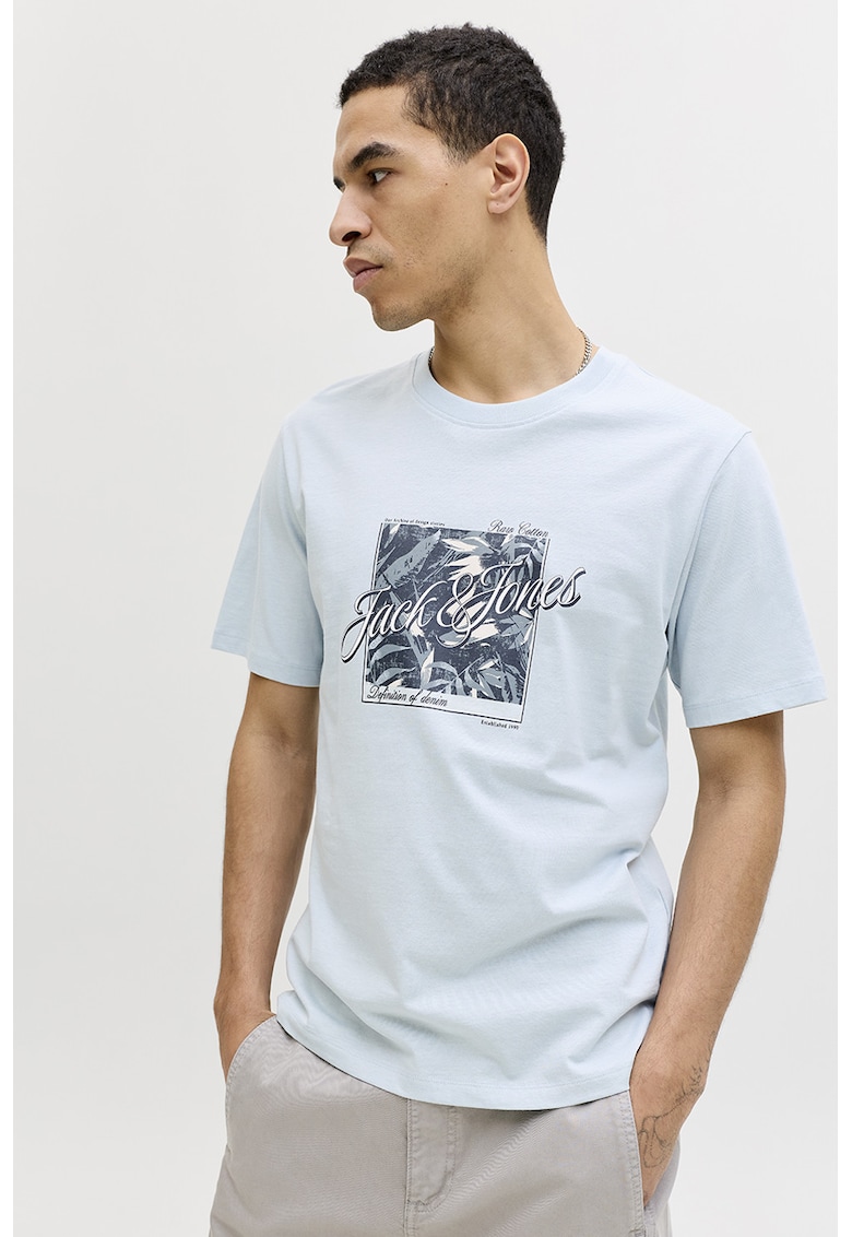 Tricou de bumbac cu imprimeu grafic si logo - Albastru azur