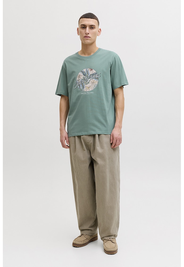 Tricou de bumbac cu imprimeu grafic si logo - Verde deschis -