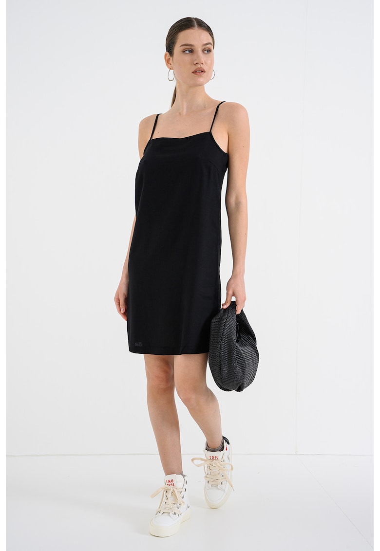 Rochie scurta din amestec de in cu croiala dreapta - Negru
