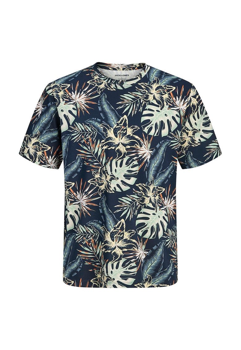 Tricou din bumbac cu decolteu la baza gatului si imprimeu - Bleumarin
