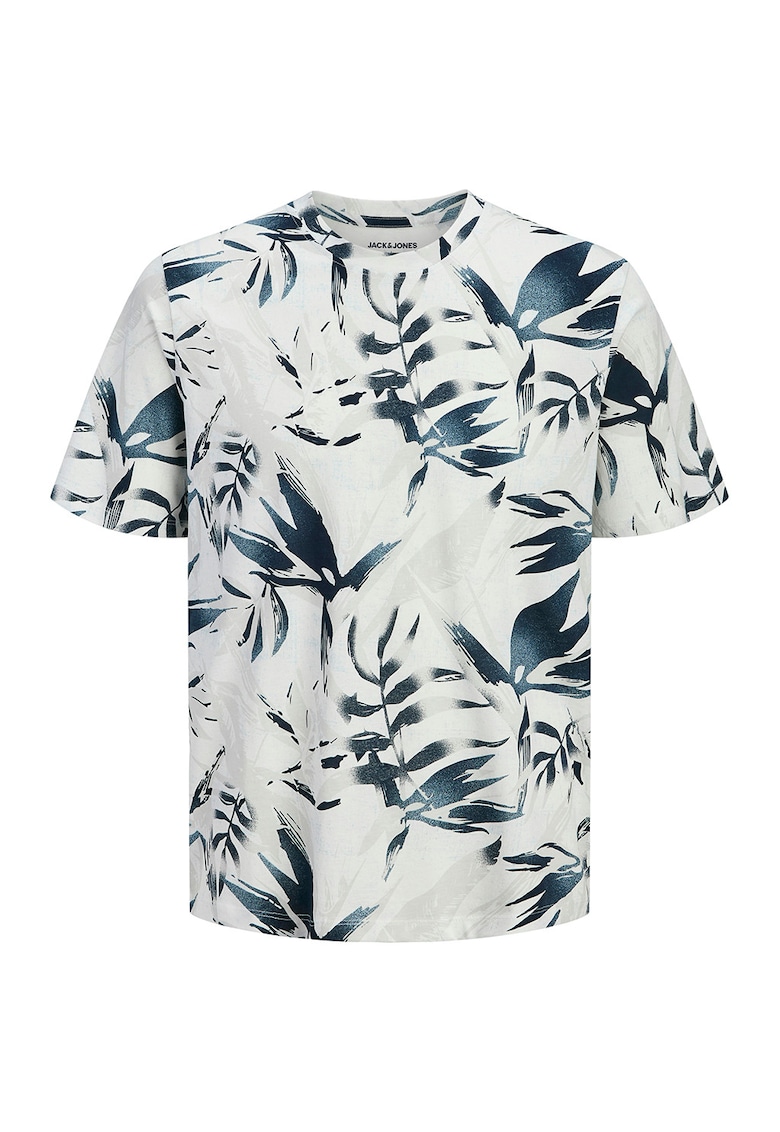 Tricou din bumbac cu decolteu la baza gatului si imprimeu - Crem/Bleumarin