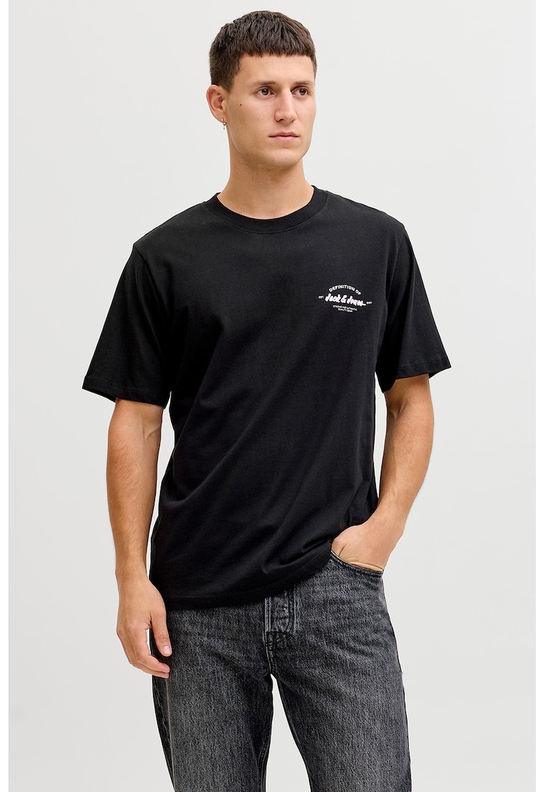 Tricou de bumbac cu decolteu la baza gatului si imprimeu logo discret
