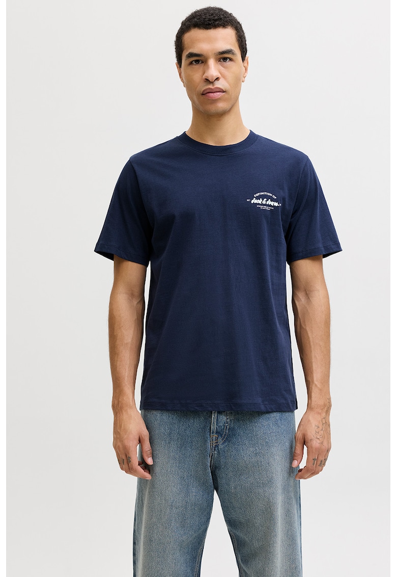 Tricou de bumbac cu decolteu la baza gatului si imprimeu logo discret - Bleumarin