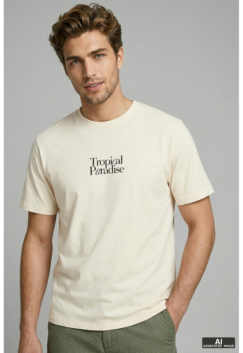 Tricou cu decolteu la baza gatului si imprimeu grafic pe partea din spate - Crem