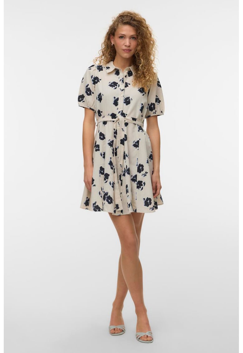 Rochie-camasa de bumbac organic cu cordon - Crem/Bleumarin