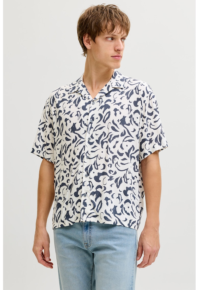 Camasa cu maneci scurte si model - Alb murdar/Bleumarin