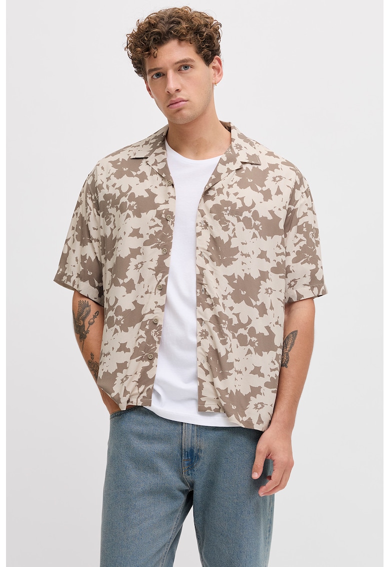 Camasa cu maneci scurte si model - Maro/Bej