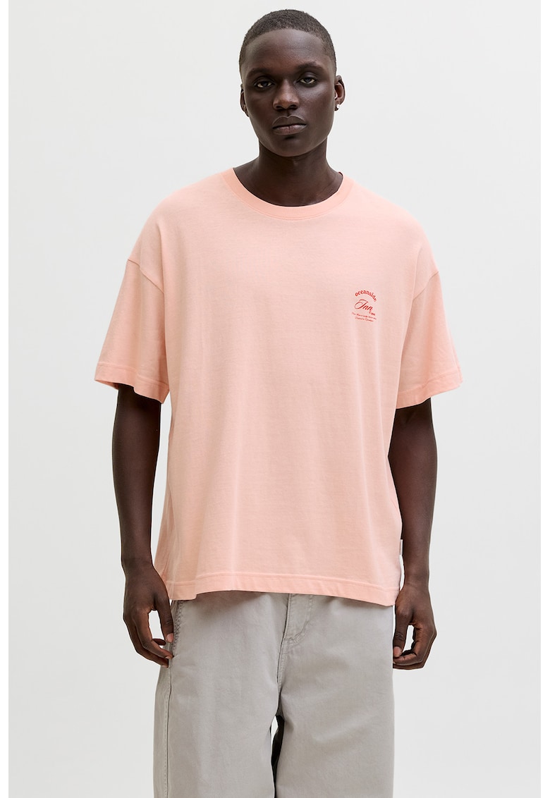 Tricou cu decolteu la baza gatului si imprimeu pe partea din spate - Piersica
