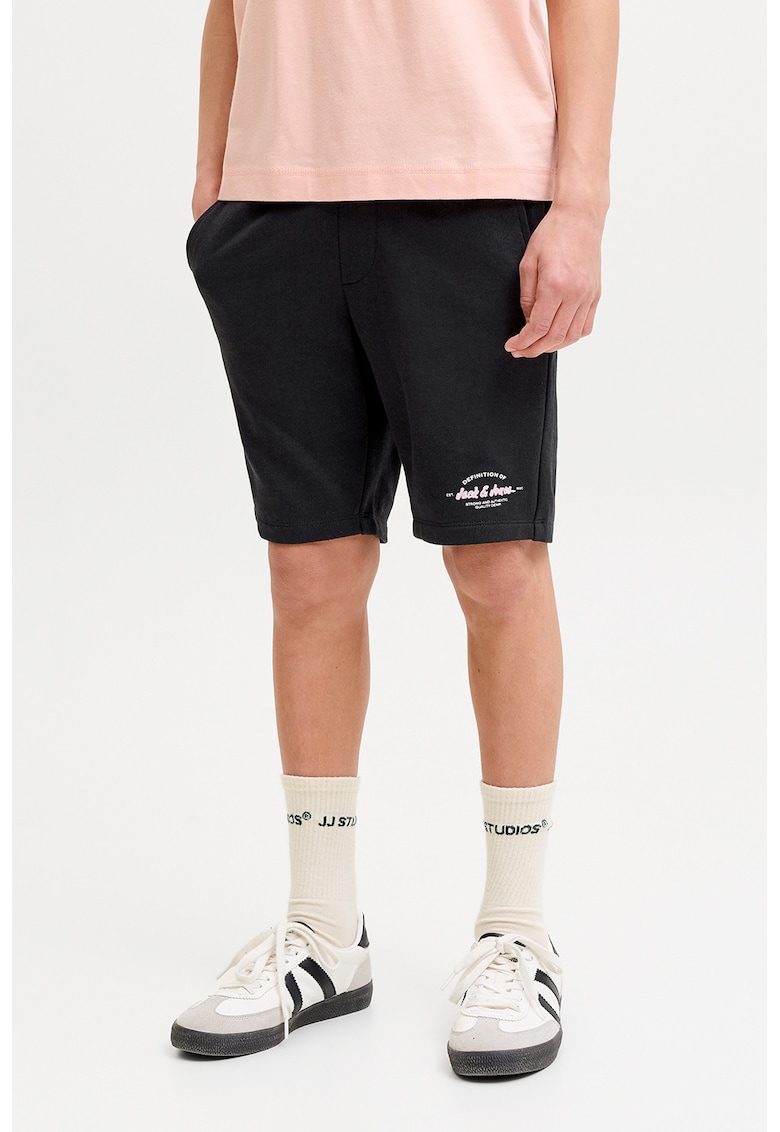 Bermude-pantaloni de trening din amestec de bumbac organic cu talie ajustabila - Negru