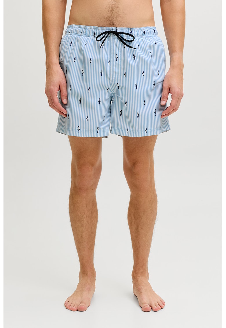 Pantaloni scurti de baie cu model si buzunare - Albastru pastel