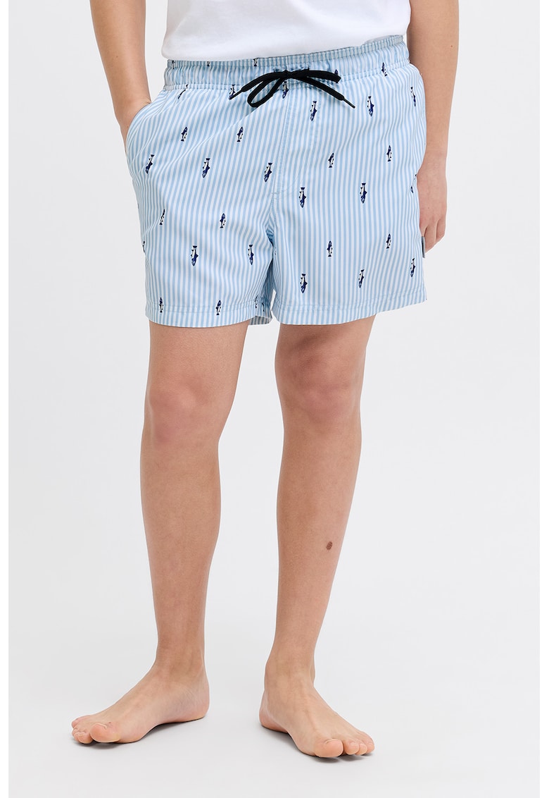 Pantaloni scurti de baie cu model nautic si dungi - Albastru pastel