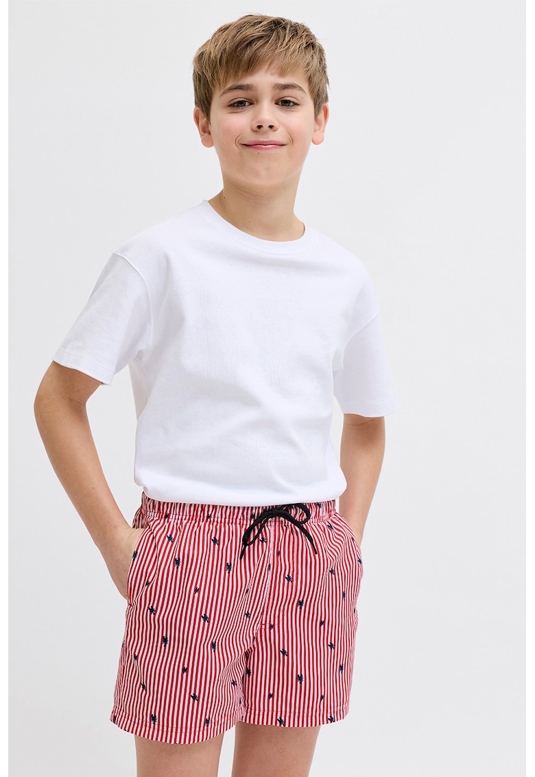 Pantaloni scurti de baie cu model nautic si dungi - Rosu/Alb