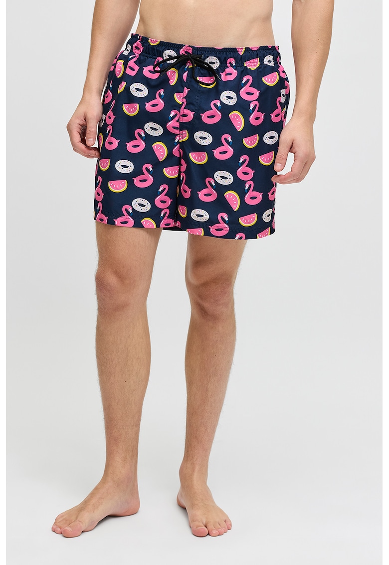 Pantaloni scurti de baie cu model si buzunare - Roz/Bleumarin