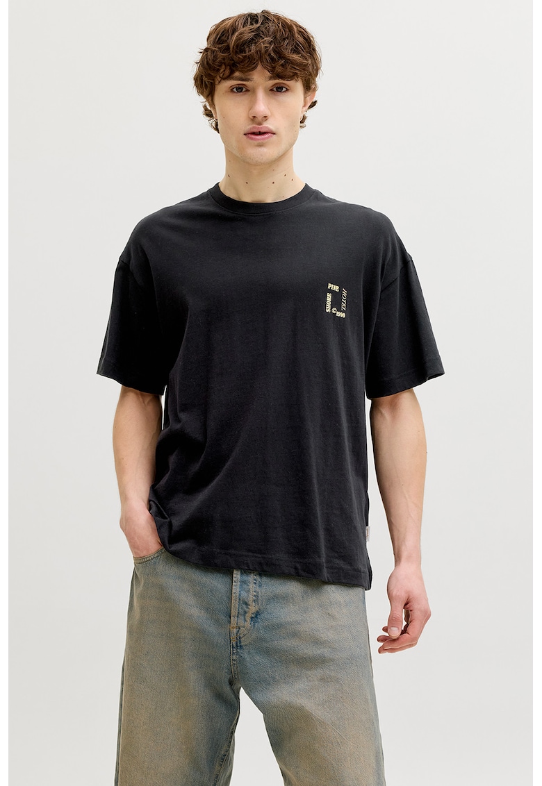 Tricou cu decolteu la baza gatului si imprimeu pe partea din spate - Negru