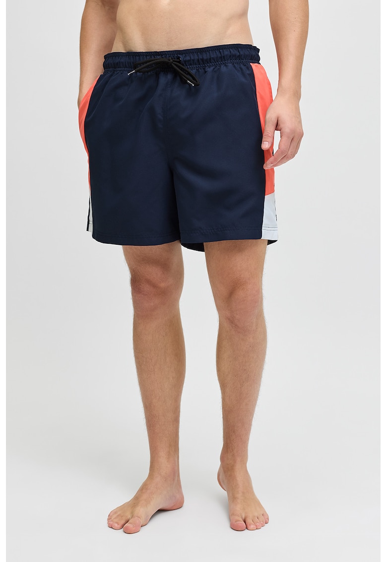 Pantaloni scurti de baie cu segmente laterale contrastante - Bleumarin