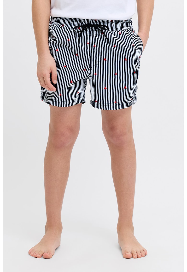 Pantaloni scurti de baie cu model nautic si dungi - Alb/Bleumarin