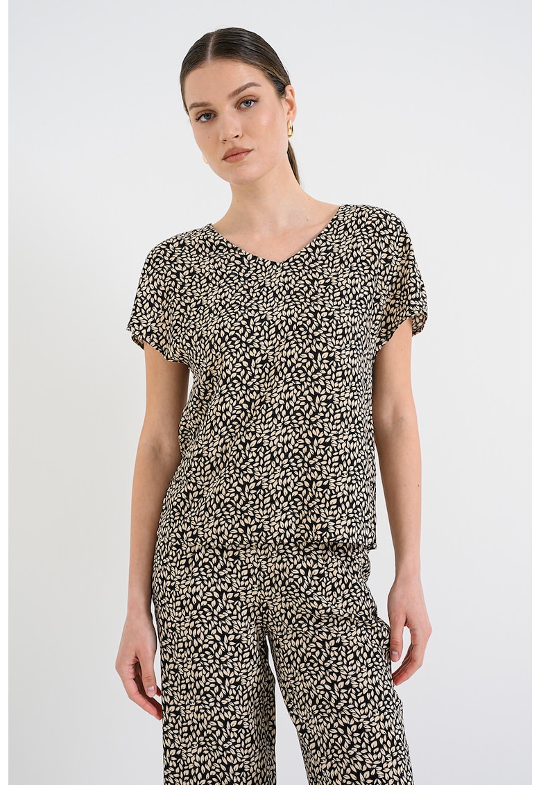 Bluza cu decolteu in V si maneci scurte - Alb fildes/Negru
