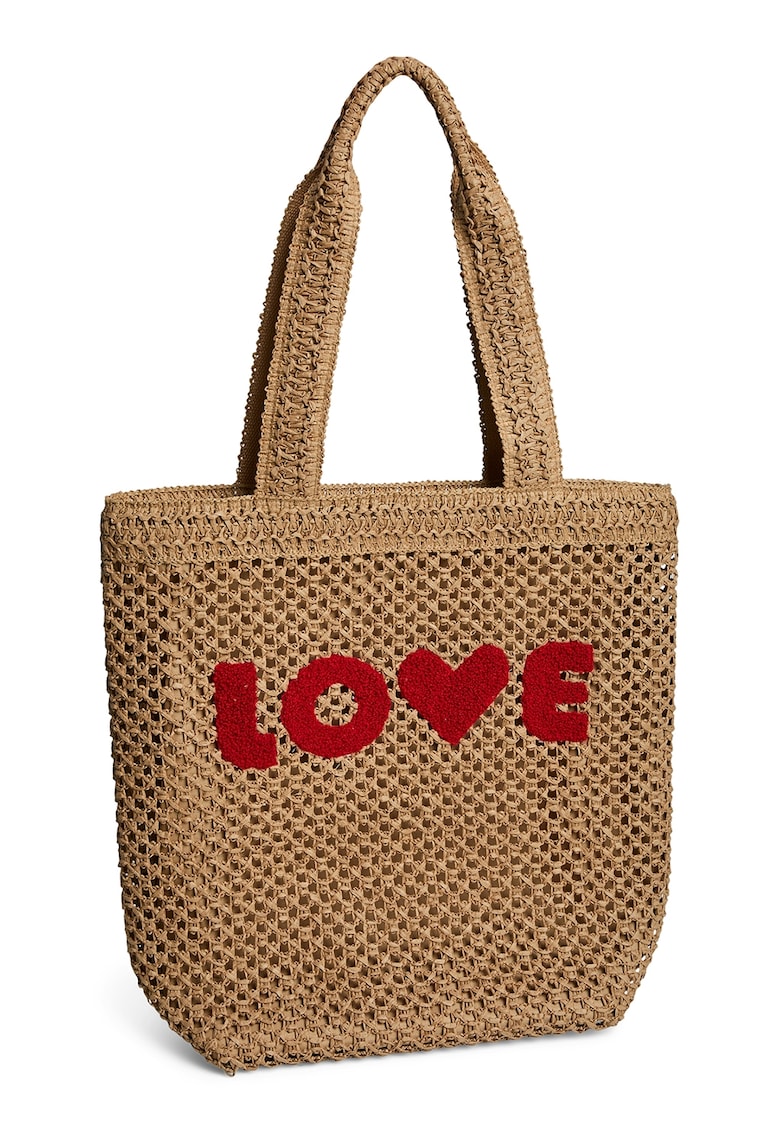 Geanta shopper cu model crosetat si text brodat Gabriela - Caramel