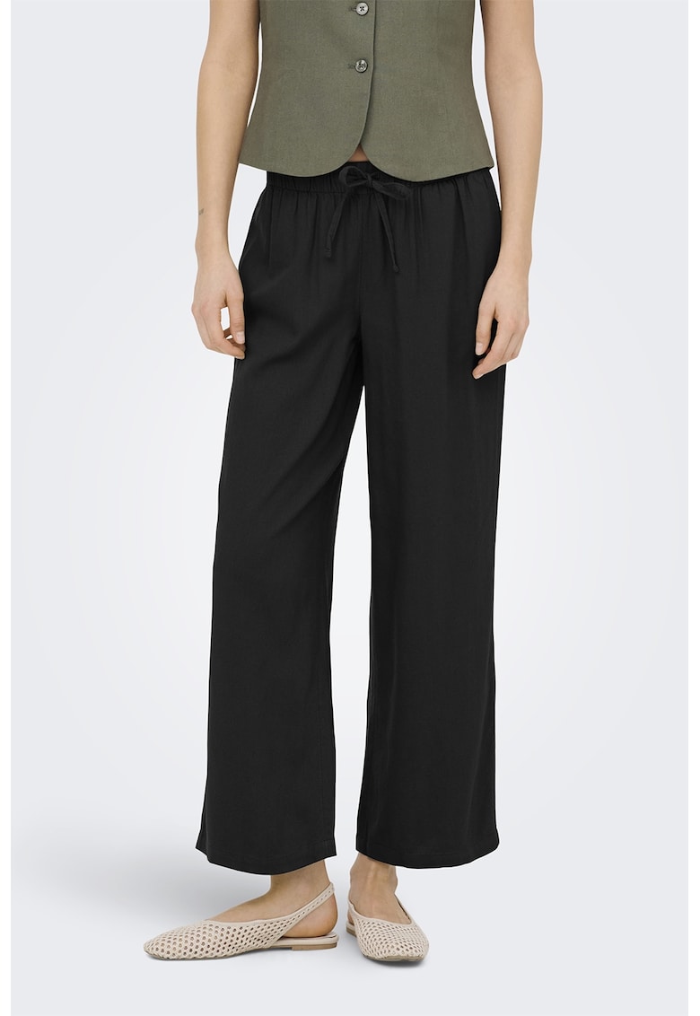 Pantaloni drepti din amestec de in cu snur - Negru