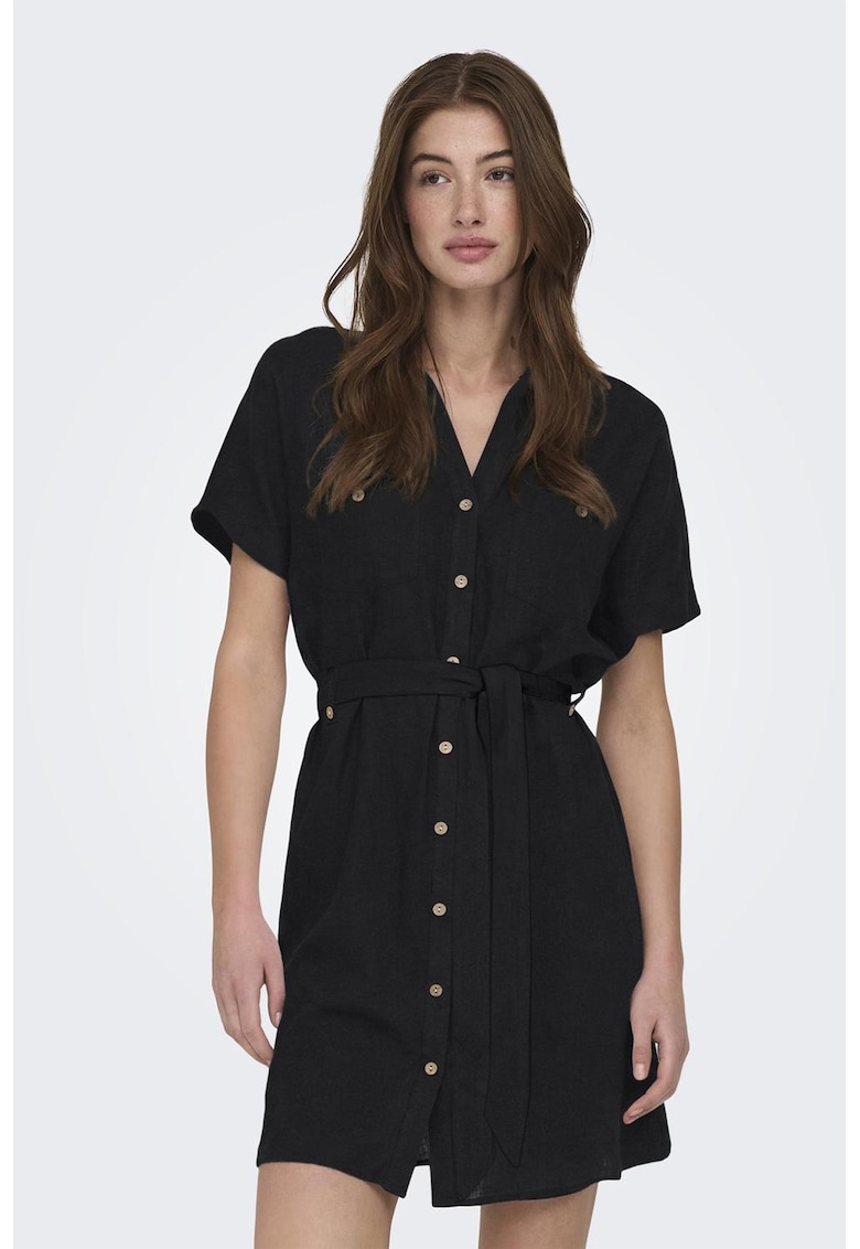 Rochie-camasa din amesec de in cu maneci scurte - Negru