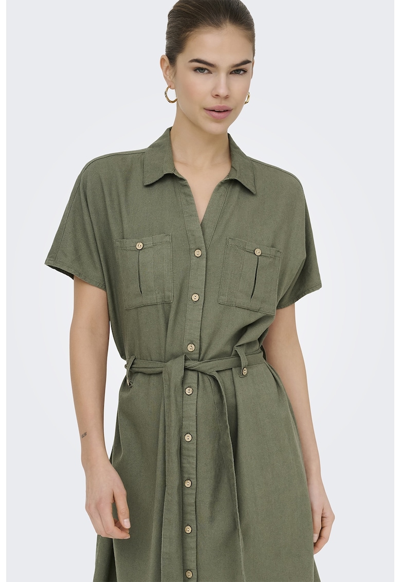 Rochie-camasa din amesec de in cu maneci scurte - Verde
