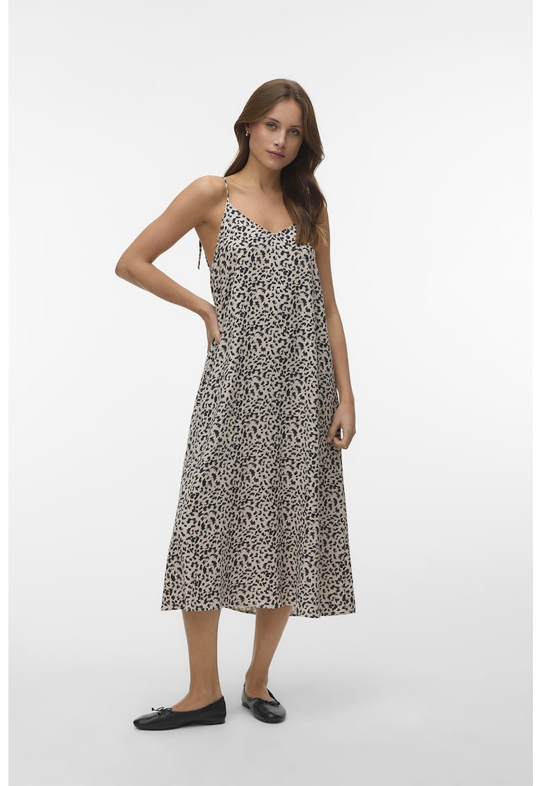 Rochie midi din amestec de in - Negru/Bej deschis