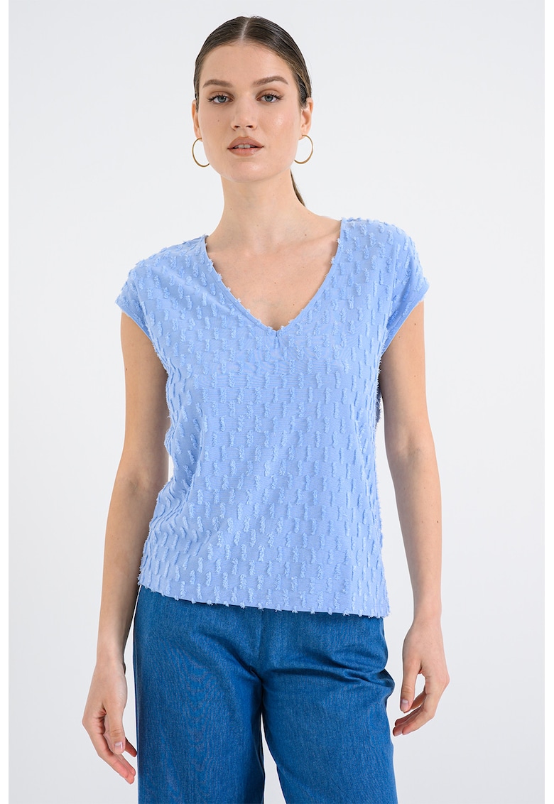 Tricou texturat cu decolteu in V - Albastru pastel
