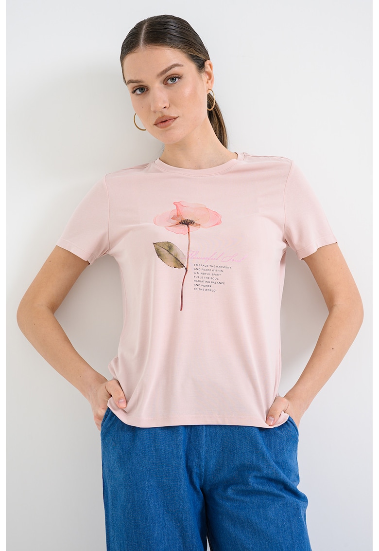 Tricou regular fit cu design floral - Roz prafuit
