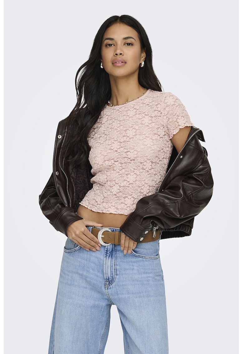 Tricou slim fit de dantela - Roz prafuit