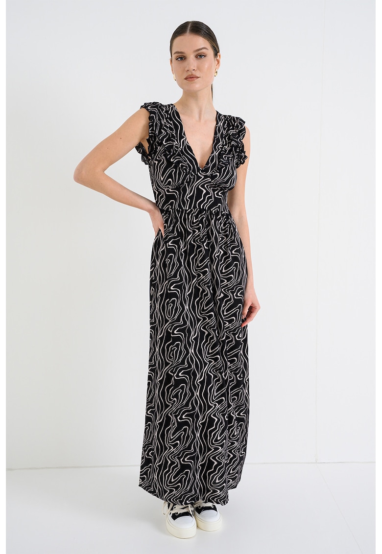Rochie maxi cu decolteu in V Easy - Negru/Alb murdar
