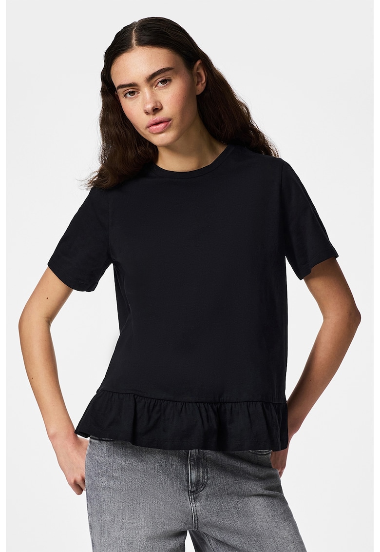 Tricou din bumbac organic si bumbac cu terminatie cu volane - Negru