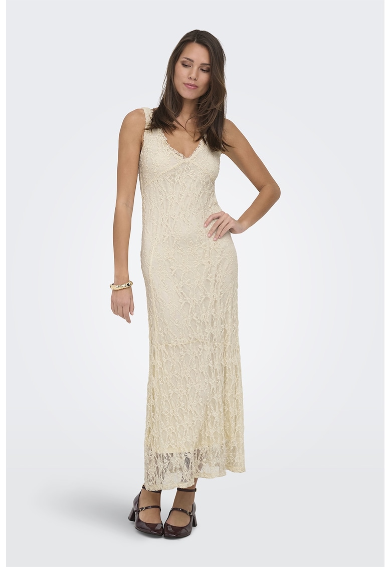Rochie lunga cu croiala cambrata si broderie - Alb murdar