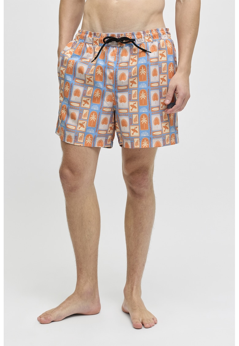 Pantaloni scurti de baie cu model si buzunare - Albastru pastel/Portocaliu mandarina