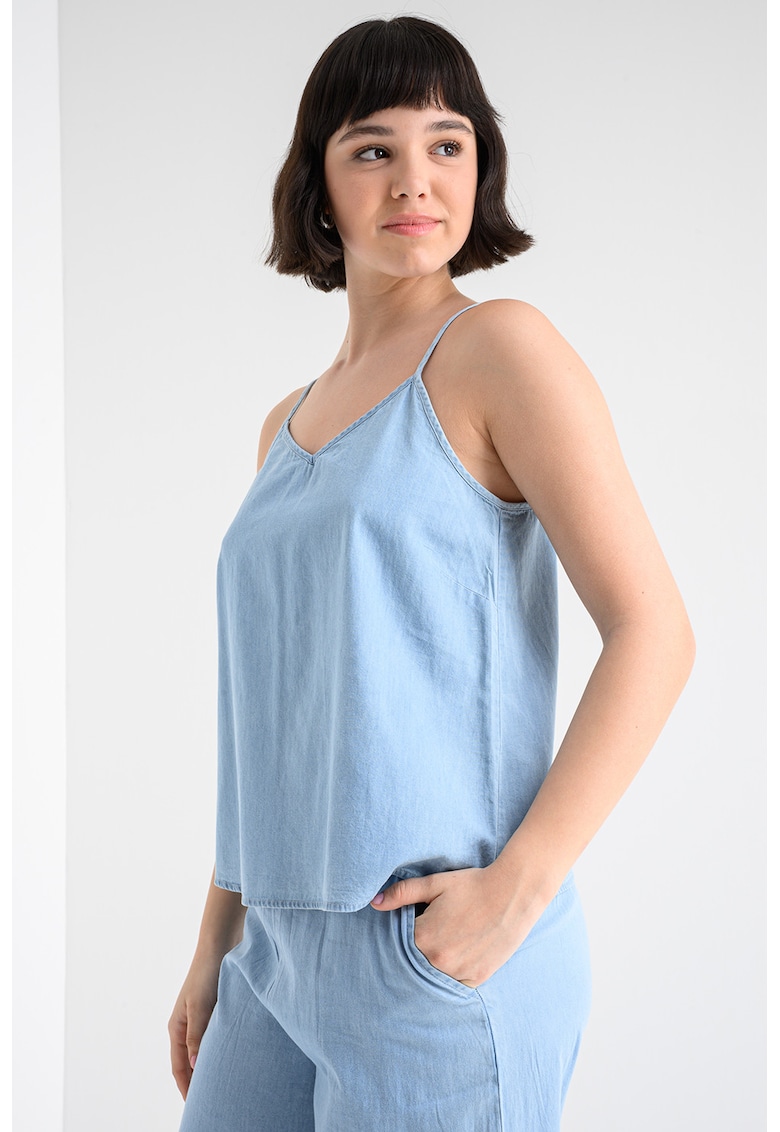 Top din denim cu decolteu in V si bretele ajustabile - Albastru deschis melange