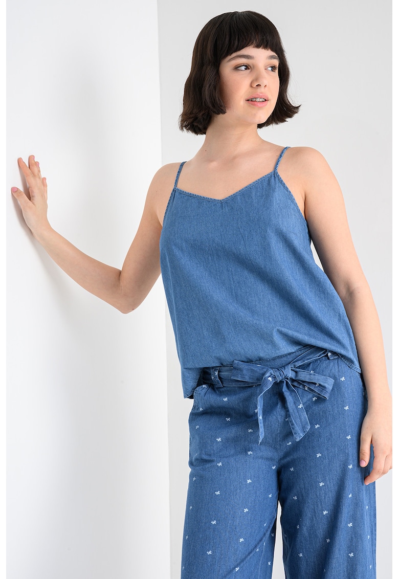Top din denim cu decolteu in V si bretele ajustabile - Albastru melange