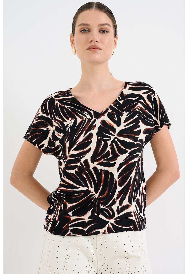 Bluza cu decolteu in V si maneci scurte - Negru/Crem