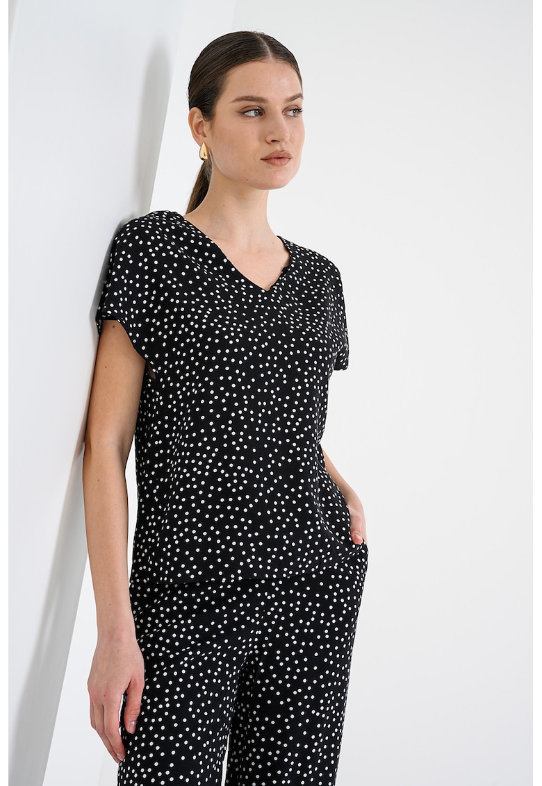 Bluza cu decolteu in V si maneci scurte - Alb/Negru