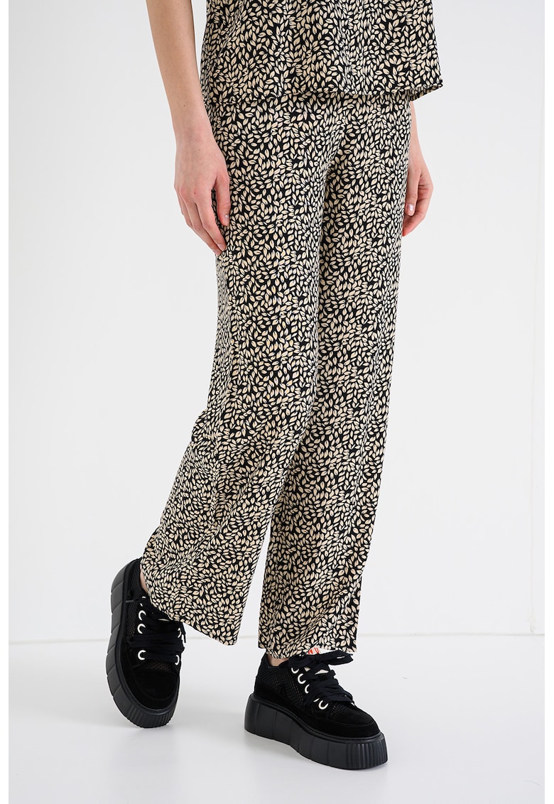 Pantaloni lungi cu talie inalta - Alb fildes/Negru