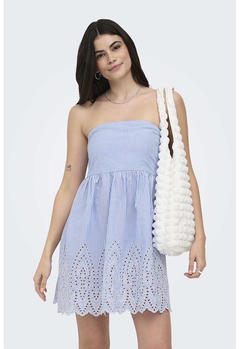 Rochie fara bretele cu detalii Sangallo - Albastru pastel