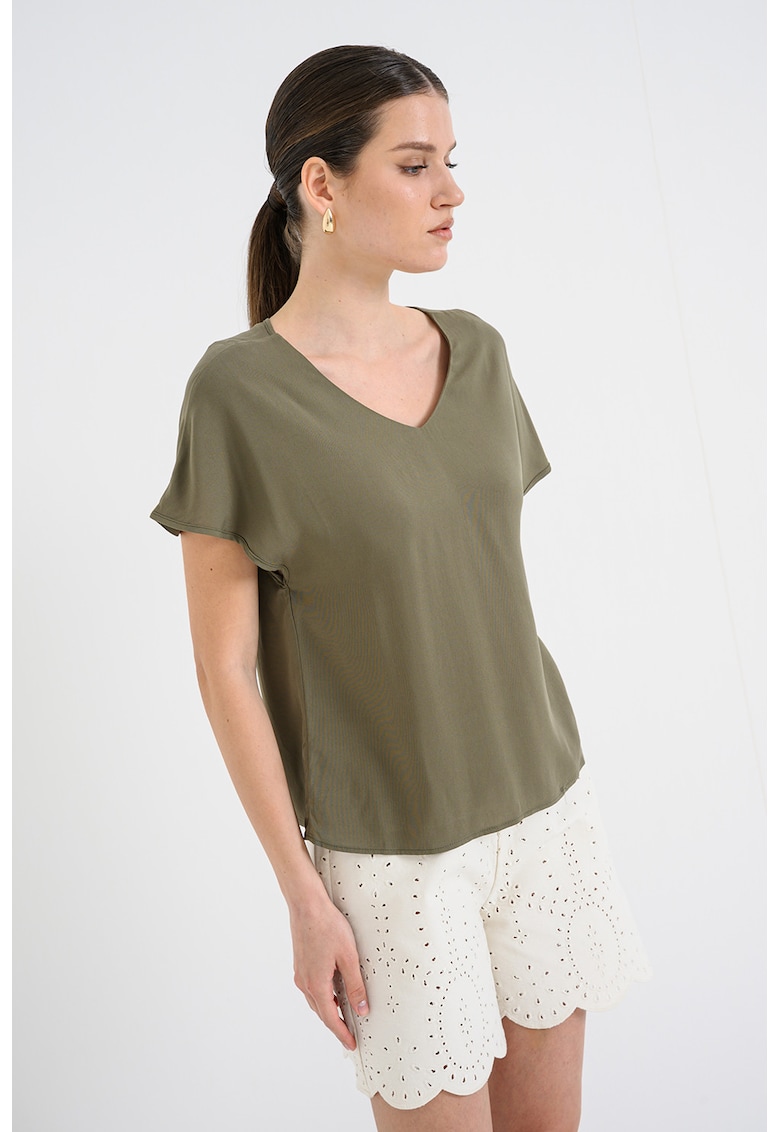 Bluza cu decolteu in V si maneci scurte - Verde masliniu