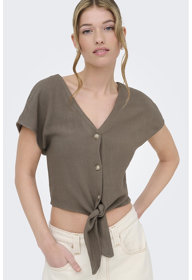 Camasa crop din amestec de in cu nod - Maro taupe