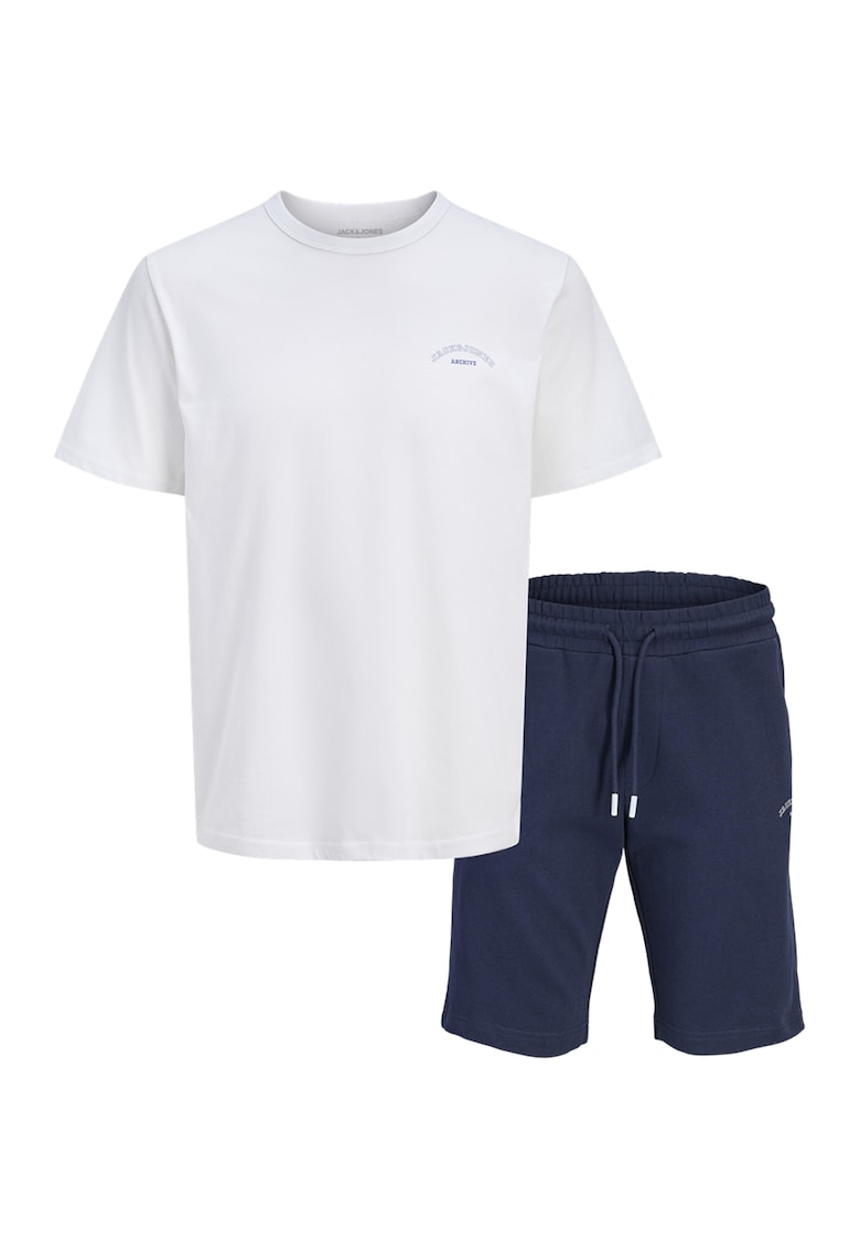 Set de bermude sport si tricou din bumbac - Albastru inchis/Alb optic
